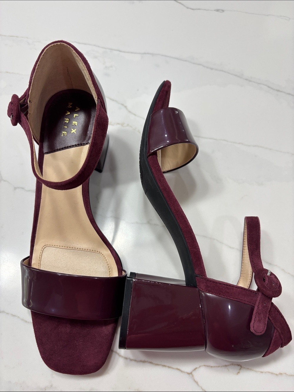 Alex Marie Burgundy Patent & Suede Block Heel Sandals